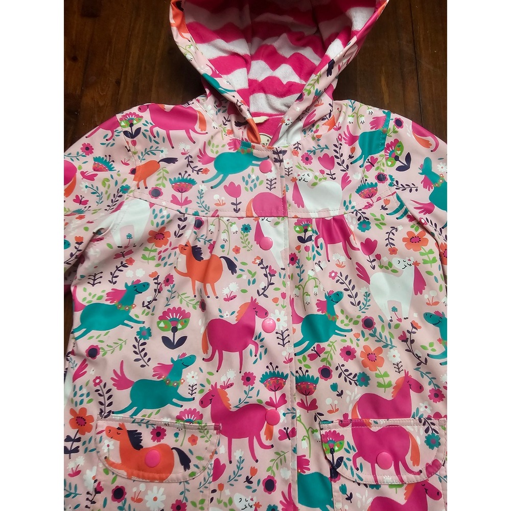 Hatley Girls Pink Horse Floral Print Hooded Rain Jacket Size 5 Terry Lined - Picture 4 of 7